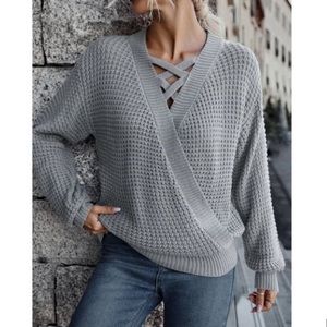 Grey Waffle Knit Criss-Cross Sweater, S
